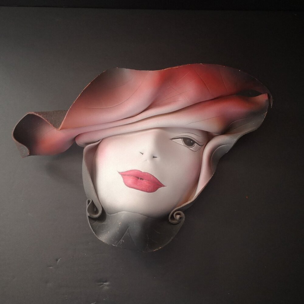Doug Gibson Signed Hancrafted Leather Face Mask Wall Hanging Lady w/ Hat